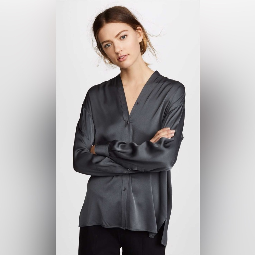 NWT Vince V-Neck Stretch-Silk Blouse in Mineral Gray